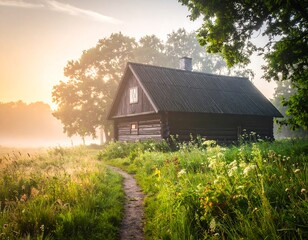 A rustic wooden cabin sits amidst a vibrant green meadow bathed in morning sunlight and mist, with a winding path leading to it