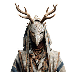 Mystical Ritual Attire: Captivating imagery of a figure adorned in an intricate ceremonial mask and headwear with ornate antler attachments.