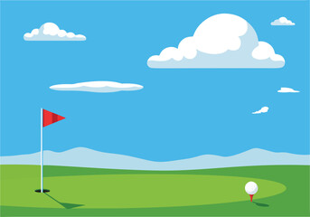 A vibrant illustration of a golf course with a flag, ball, and clouds in the sky.