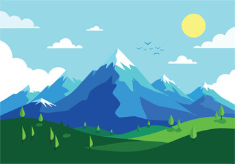 Cartoon mountain landscape with green hills, trees, clouds, sun, and birds.
