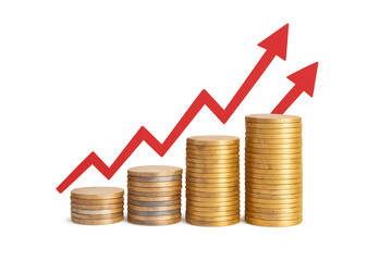 Stacks of gold coins showing financial growth and increasing investment with a rising red arrow chart on transparent background