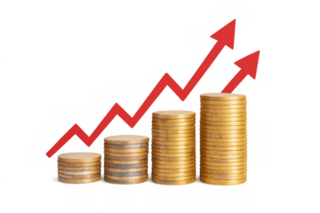 Stacks of gold coins showing financial growth and increasing investment with a rising red arrow chart on transparent background