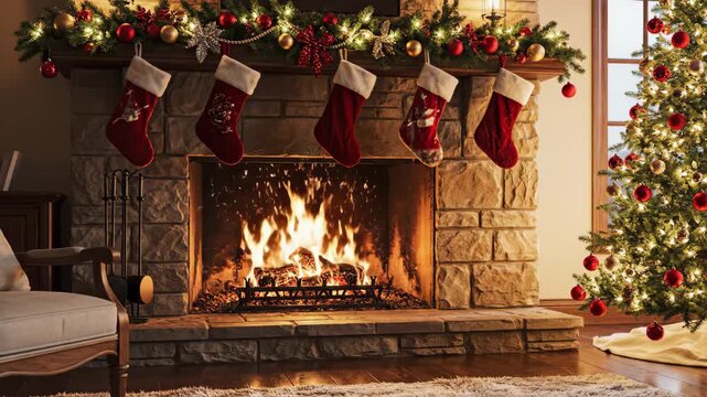 Cozy Christmas Fireplace Scene - A warm, inviting scene features a stone fireplace with a roaring fire, adorned with Christmas stockings and garland with lights and ornaments.