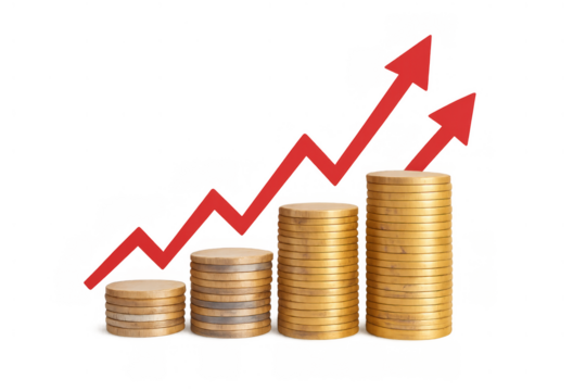 Stacks of gold coins showing financial growth and increasing investment with a rising red arrow chart on transparent background