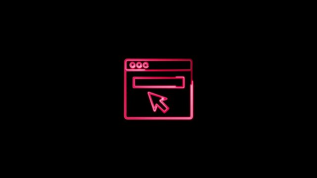 Red neon browser window icon with cursor on black background mouse pointer