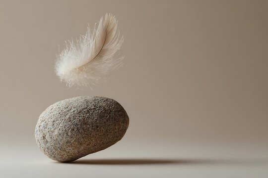 A feather is placed on a large rock, making it look like the rock is floating in mid-air, comparing its balance and lightness.