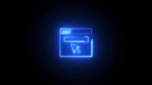 Blue Neon Outline Icon of a Computer Window with a Cursor on a Black Background interface browser
