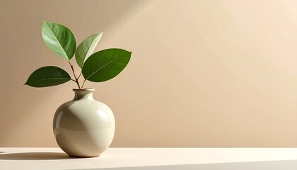 A small, white vase on a shelf, holding a sprig of glossy green leaves, set against a warm beige background with light