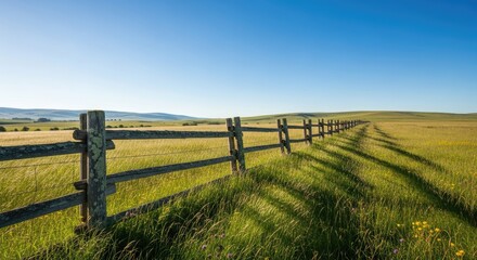A wooden fence stretches across a grassy field under a clear blue sky