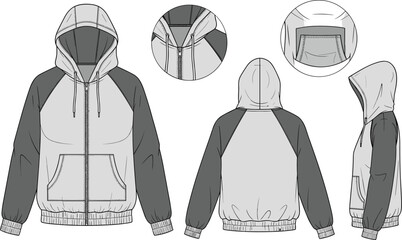 Color-Block Raglan Sleeve Zip-Up Hoodie Technical Fashion Flat Sketch, Drawstring Hood, Kangaroo Pocket, and Rib Cuffs, Front, Back, Side View, Unisex Apparel Vector Template. © MONIRUZZAMAN