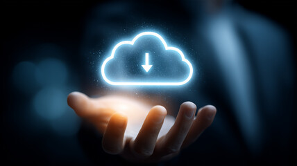 Cloud storage and data access represented by a luminous cloud in hand, symbolizing backup, synchronization and scalable digital services.
