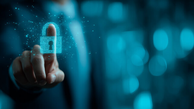 Access control illustrated by a hand engaging a digital lock, conveying authentication, identity verification and trusted entry to systems and data.
