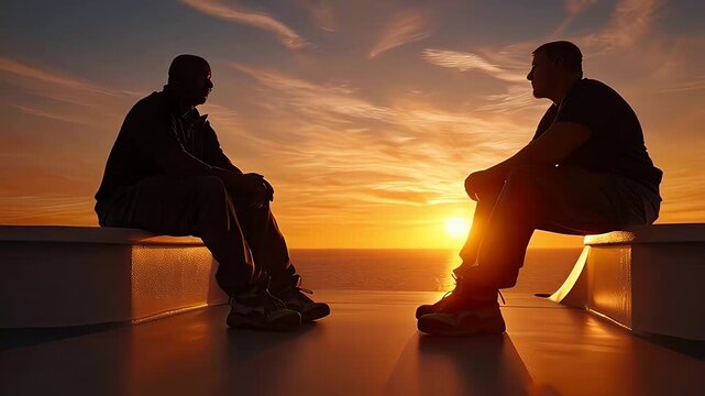 Silhouetted figures on horizon at sunset golden hour