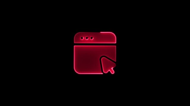 Red Neon Glowing Web Browser Icon with Cursor on Black Background Keywords: web browser, icon, cursor, pointer, click, navigation, internet, online, digital, technology, interface, website