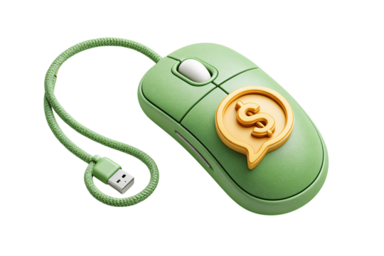 Green computer mouse with golden dollar sign speech bubble, online money concept