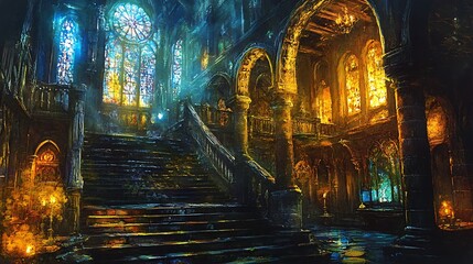 Grand hall with staircase and stained glass windows in a castle setting