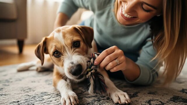 A woman and a dog play tug-of-war with a toy on a rug. The dog's focused