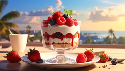 A dessert parfait, layered with cream and berries, sits on a sunny table. A cup is nearby, and the sea is in view