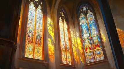 Sunlight streaming through the stained glass windows of a beautiful church