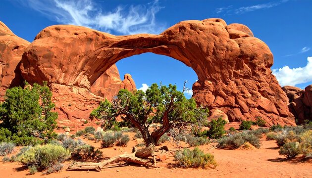 Dramatic Landscape of a Red Rock Arch with a Tree in the Desert - Powered by Adobe