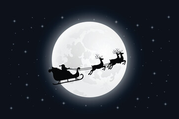 Naklejka premium Silhouette Illustration of Santa Claus Sleigh Reindeer Flying Before The Full Moon Christmas Holiday