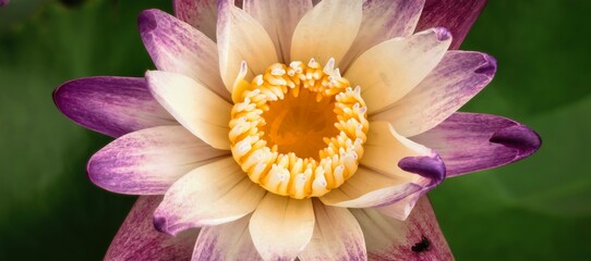 Close-up of a beautiful lotus flower with purple and yellow petals