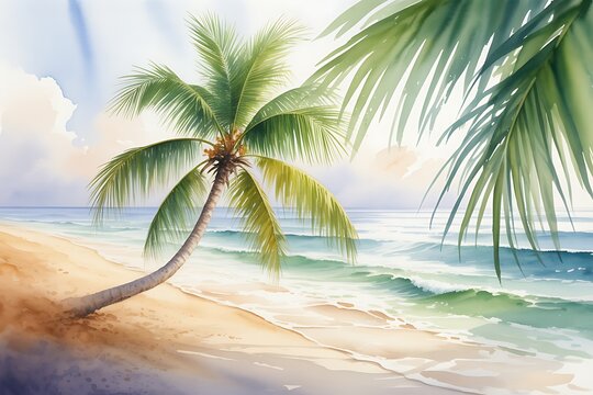 Watercolor painting of a tropical beach with a leaning palm tree, turquoise ocean waves, and soft sunlight