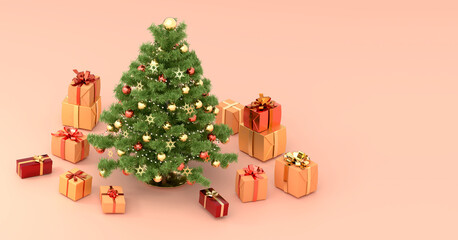 クリスマスツリーと色とりどりのギフトボックスが並ぶ華やかなホリデー背景