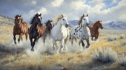 A group of wild horses running through a grassy field in the country