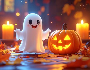 A cute cartoon ghost smiles next to a jack-o-lantern surrounded by fall leaves, candle lights, and soft bokeh