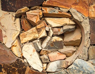 Close-up of a wall section with stones in an irregular shape, brown, orange, and gray hues. Stones are fitted in a circular design
