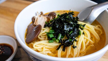 Noodles And Ramen With Fresh Algae And Mushrooms In Bowl