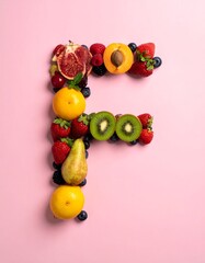 A vibrant "F" shaped design, crafted from assorted fresh fruits, on a soft pink background. The arrangement displays a colorful, appetizing appeal