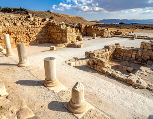 Ancient ruins, stone structures, columns, and a bright sunny landscape