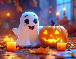 A cute cartoon ghost smiles next to an illuminated carved pumpkin, surrounded by candles and autumn leaves. Soft, warm lighting