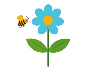 A cute cartoon illustration featuring a vibrant blue flower with an orange center and green leaves, and a happy bee