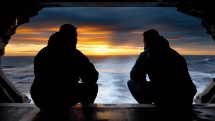 Silhouetted figures observing sunset over ocean horizon