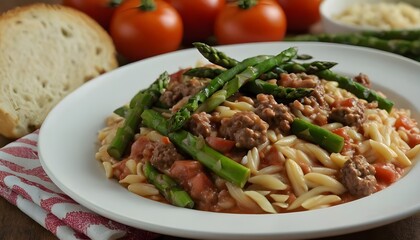 ground beef and tomato orzo with asparagus