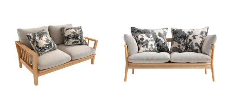 Modern Wooden Loveseat Sofa with Gray Fabric and Botanical Print Cushions on transparent background