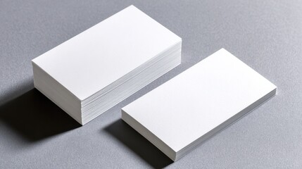 Blank white business cards with text and logo placeholders on a neutral gray background, minimalist desk setup