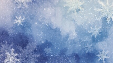 Blue Christmas background with delicate falling snowflakes in watercolor style