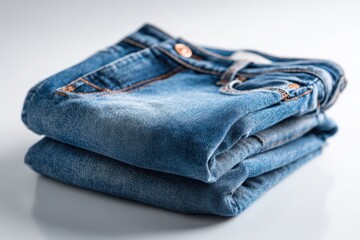 Blue denim jeans folded on a pristine white studio background