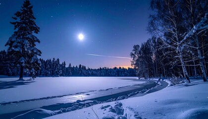 A serene winter scene with a frozen lake reflecting the bright moon and scattered stars. Snowy trees and a curved path