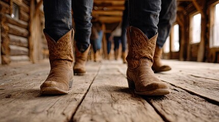Cowboys and cowgirls line dance at country event concept. Rustic cowboy boots on a wooden floor, evoking a Western vibe.