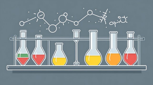 Colorful laboratory flasks and chemical structures high resolution photo