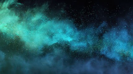 Blue-green glitter mist over a dark abstract backdrop in a luminous fantasy illustration