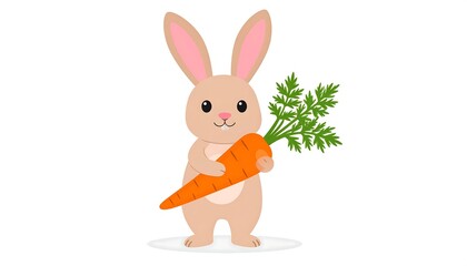 A cute, cartoon rabbit with long ears holds a large, orange carrot with green, leafy top. The background is white