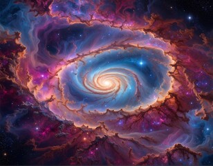 Surreal cosmic spiral galaxy, featuring vibrant nebulae and stars