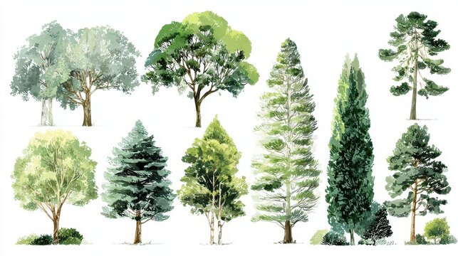 Botanical Tree Gathering: Green Foliage on White Background