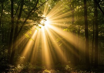 Fototapeta premium Golden shafts of radiant sunlight pierce through the dense green forest canopy, illuminating the humid air with dramatic, ethereal beams ,nature ,golden ,natural